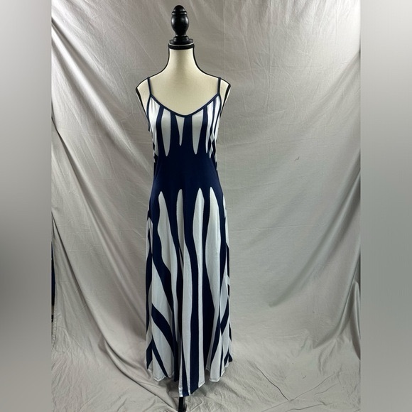 Blue White Rib Knit Graphic Print A line Dress - Picture 6 of 8